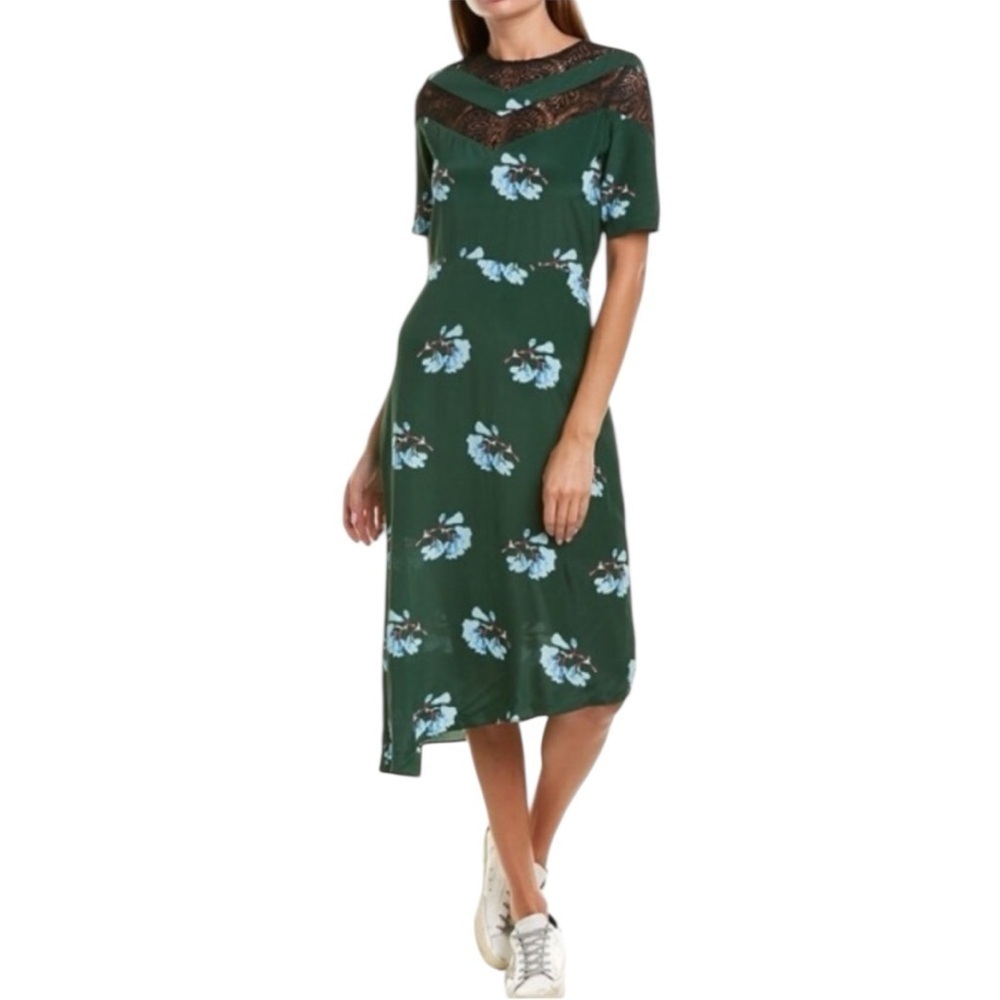 Maje - Rowers Green Floral Asymmetrical Lace Midi Dress Sz 2